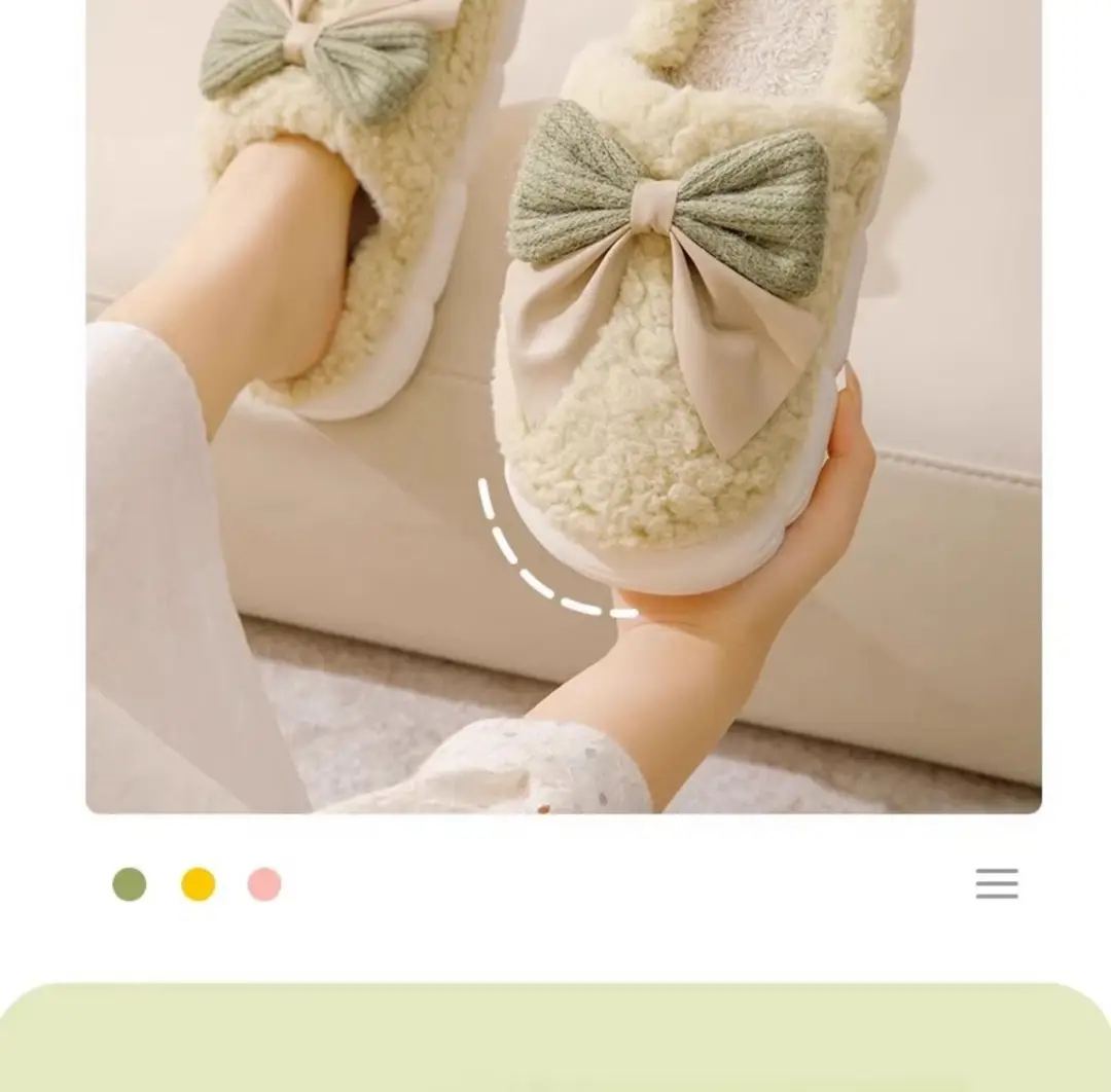 Cotton Slippers Women's Autumn and Winter 2023 New Indoor Home Thick Bottom Warm Home Bow Plush Slippers — feature 3