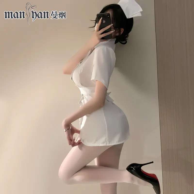 White Nurse Dress for Women with Belt & Button Collar - Image 3