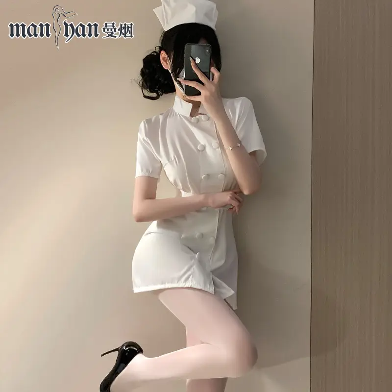 White Nurse Dress for Women with Belt & Button Collar - Image 4