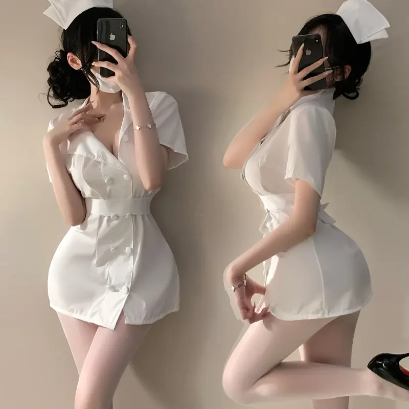 White Nurse Dress for Women with Belt & Button Collar - Image 5