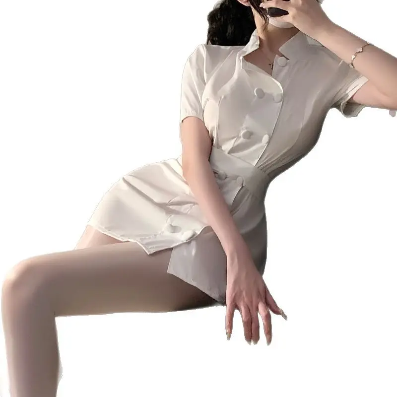 White Nurse Dress for Women with Belt & Button Collar - Image 6
