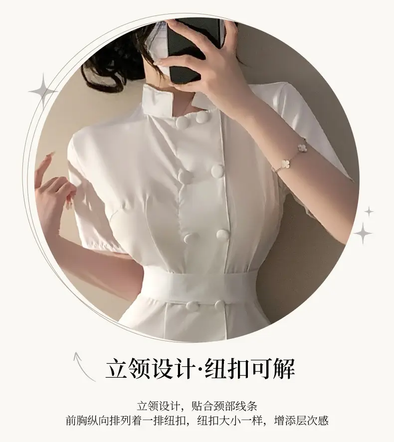 White Nurse Dress for Women with Belt & Button Collar — feature 15