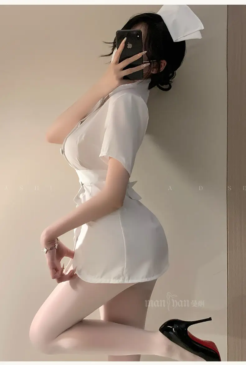 White Nurse Dress for Women with Belt & Button Collar — feature 16