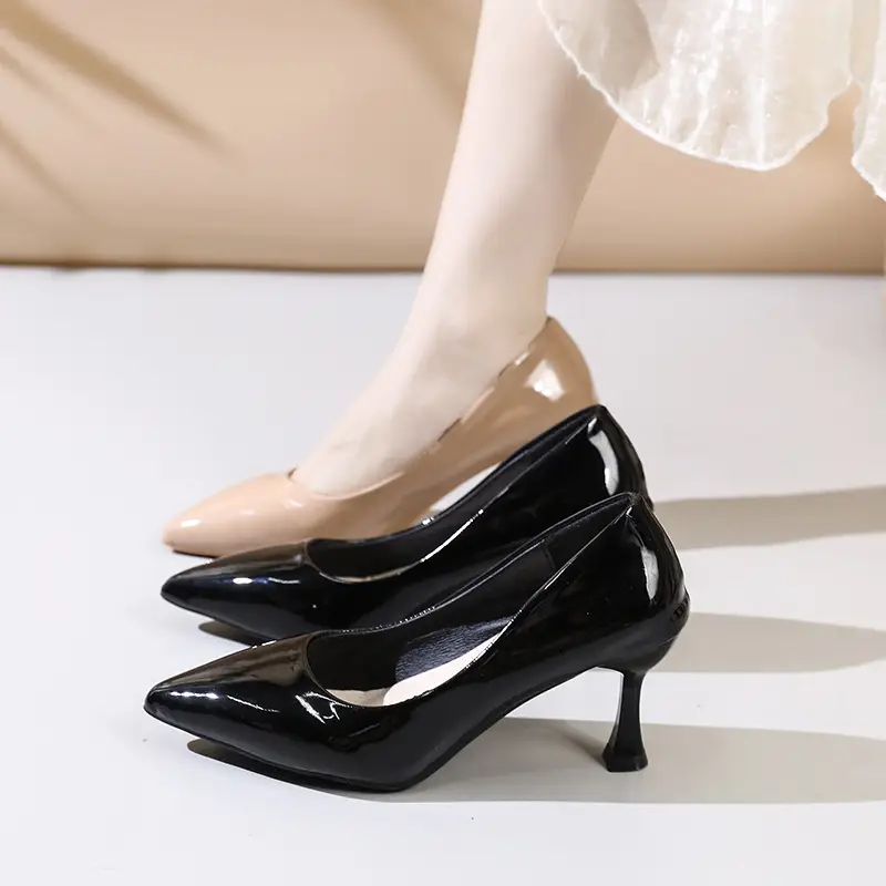 Fashionable Stiletto High Heels for Women 2026 Spring and Autumn New Style Comfortable Mid-Heel Host Shoes Women's Patent Leather Pointed Toe Single Shoes