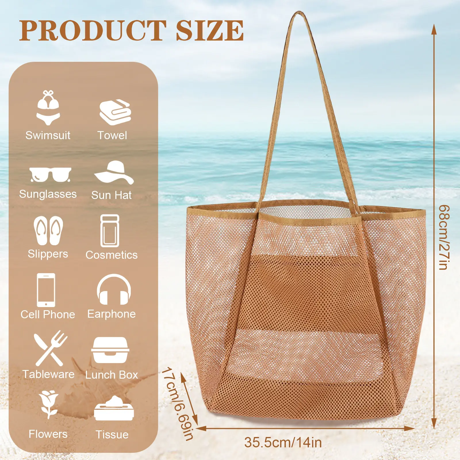 Mesh Shoulder Bag 4 Front Pockets Beach Storage — feature 2