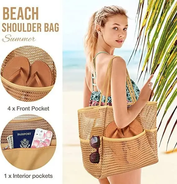 Mesh Shoulder Bag 4 Front Pockets Beach Storage — feature 3