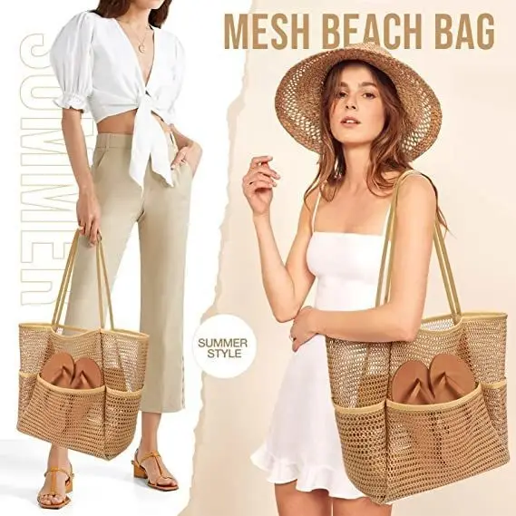 Mesh Shoulder Bag 4 Front Pockets Beach Storage — feature 7