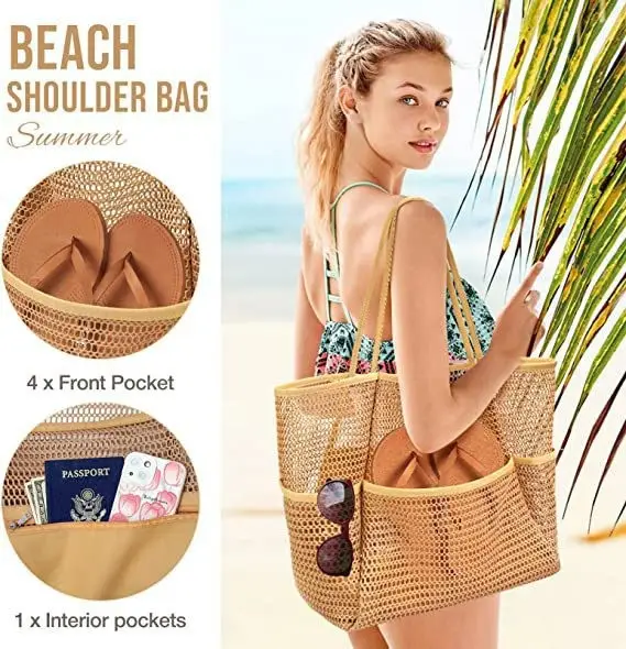Mesh Shoulder Bag 4 Front Pockets Beach Storage — feature 8