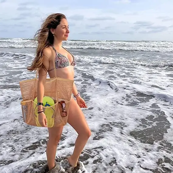 Mesh Shoulder Bag 4 Front Pockets Beach Storage — feature 9