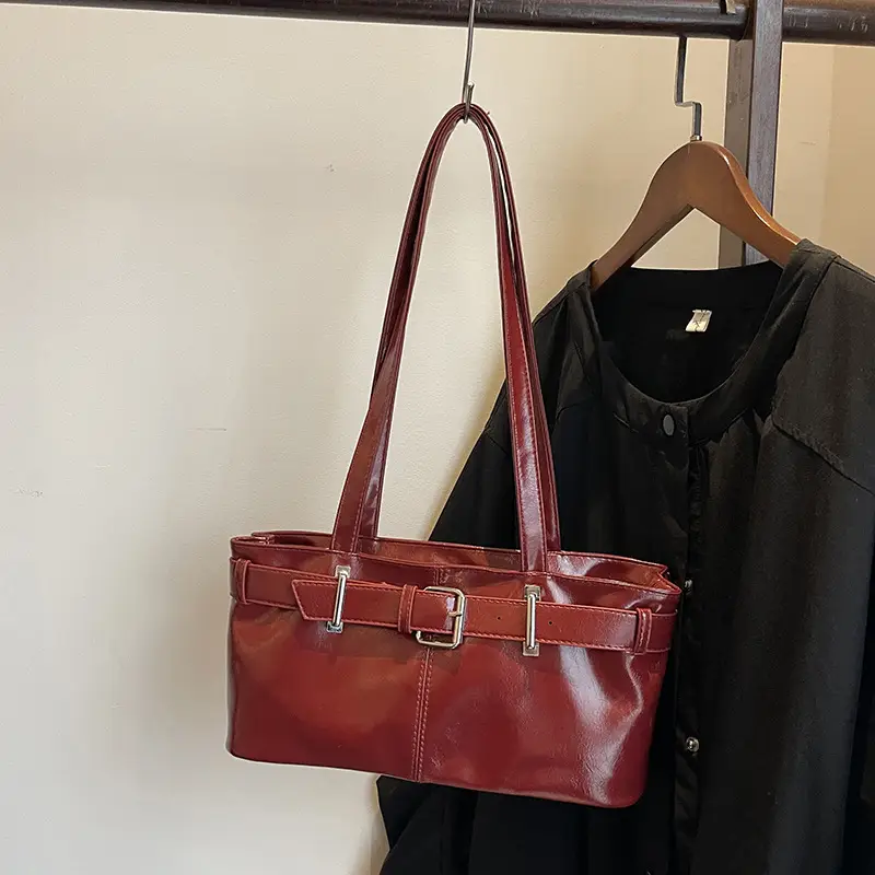 Red Leather Belt Buckle Tote Bag for Women - Image 5