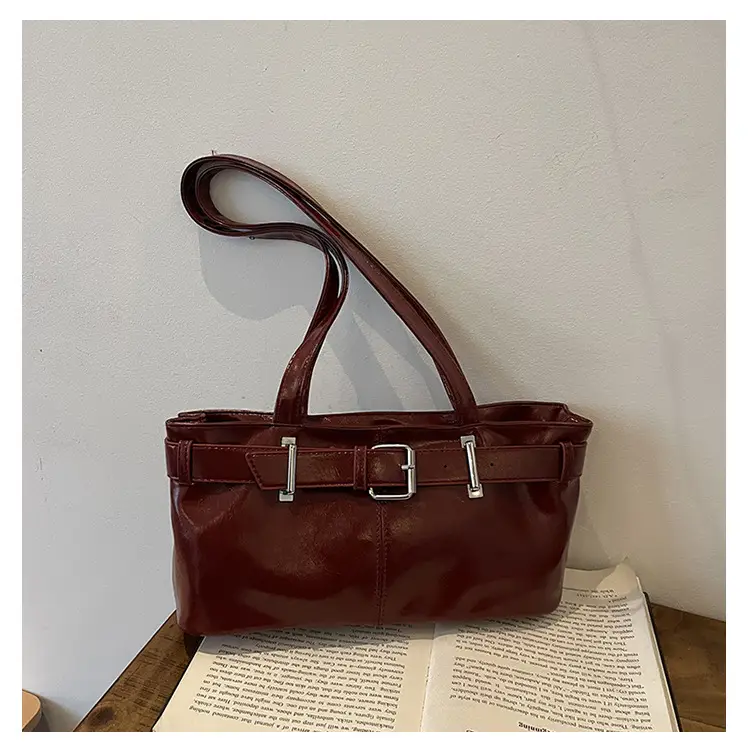 Red Leather Belt Buckle Tote Bag for Women - Image 4