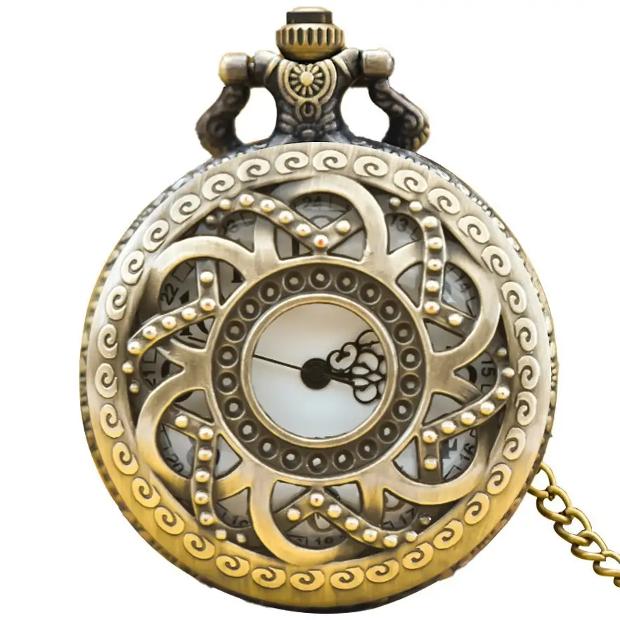 Retro Cut Out Bronze Pocket Watch with Eight Leaf Design