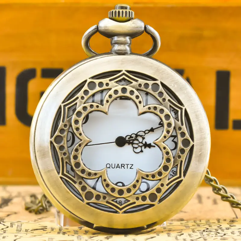 Retro Cut Out Bronze Pocket Watch with Eight Leaf Design