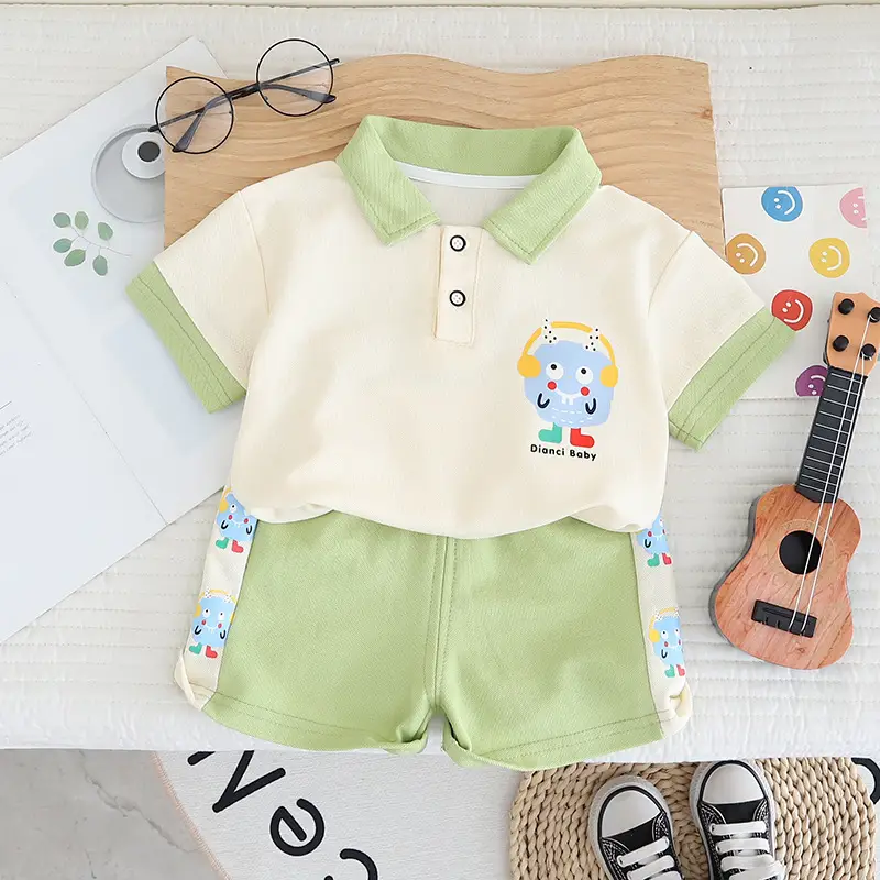 Girls Cartoon T-Shirt Shorts Set Cream Green 2025 - Image 2