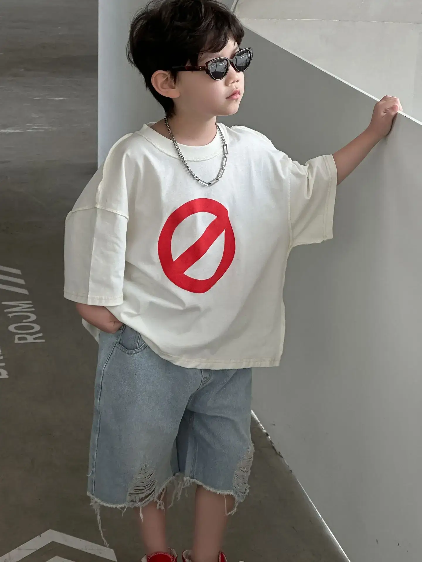 Boys Cotton Printed T-Shirt Red Logo Loose Summer Wear - Image 3