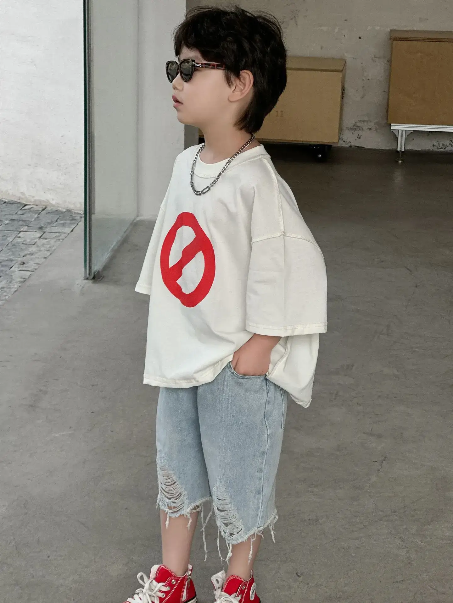 Boys Cotton Printed T-Shirt Red Logo Loose Summer Wear - Image 5