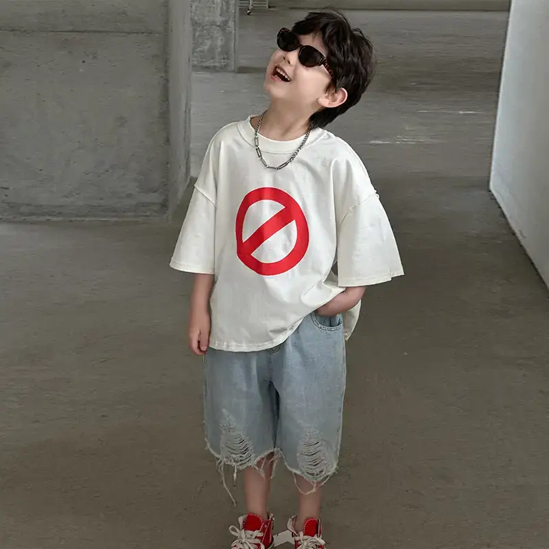 Boys Cotton Printed T-Shirt Red Logo Loose Summer Wear — feature 13