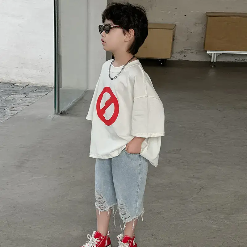 Boys Cotton Printed T-Shirt Red Logo Loose Summer Wear — feature 15