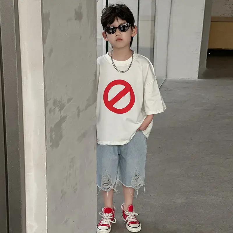 Boys Cotton Printed T-Shirt Red Logo Loose Summer Wear — feature 16