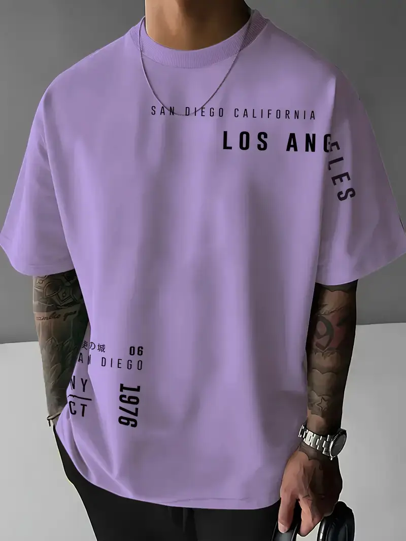 Men Purple Los Angeles Printed T-Shirt Short Sleeve - Image 9