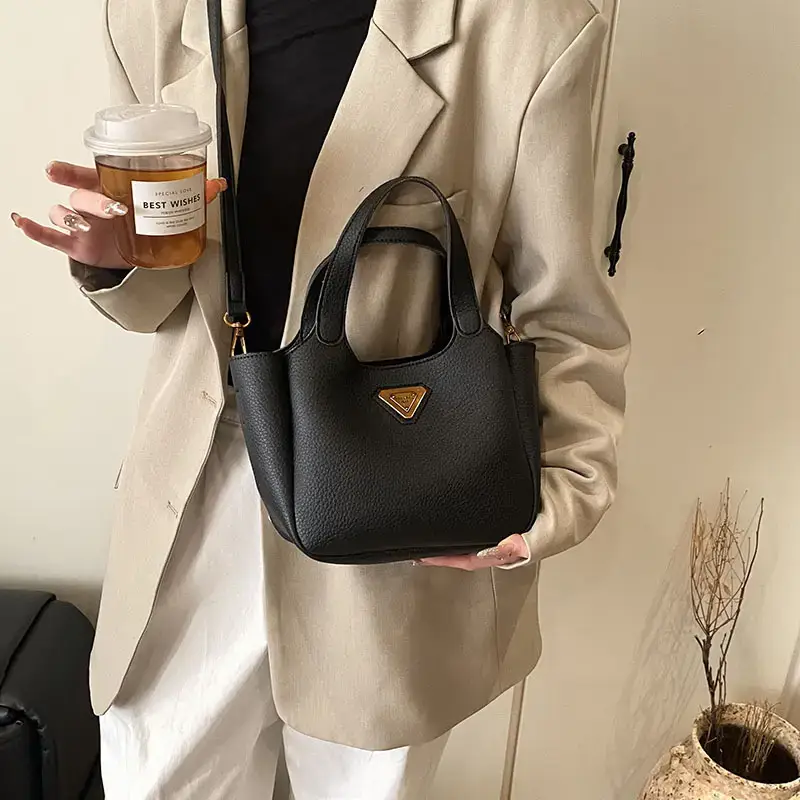 Brown Crossbody Tote Bag with Gold Plated Triangle Logo