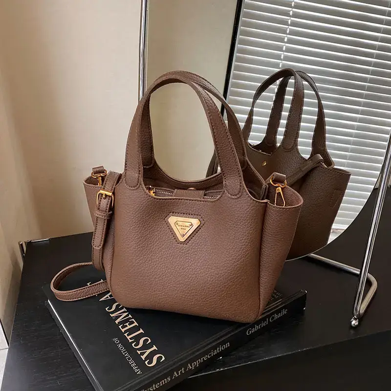 Brown Crossbody Tote Bag with Gold Plated Triangle Logo