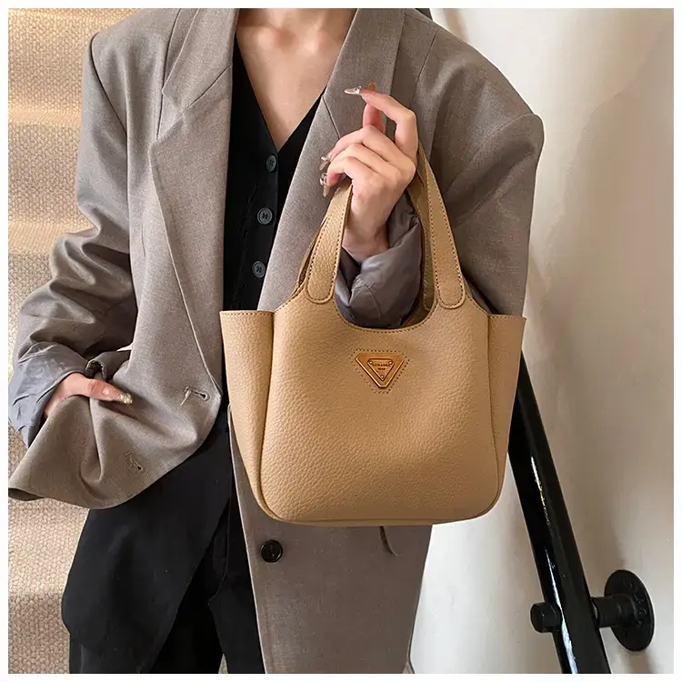 Brown Crossbody Tote Bag with Gold Plated Triangle Logo — feature 17