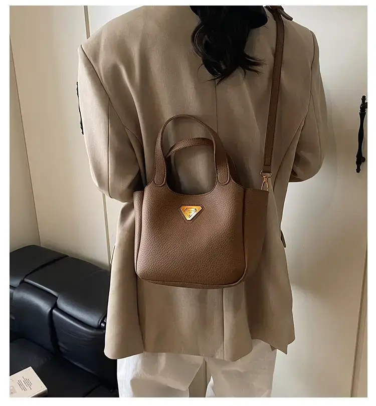 Brown Crossbody Tote Bag with Gold Plated Triangle Logo — feature 2