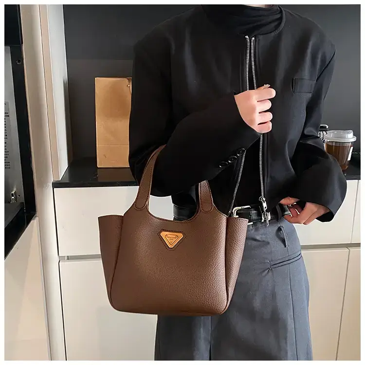 Brown Crossbody Tote Bag with Gold Plated Triangle Logo — feature 21