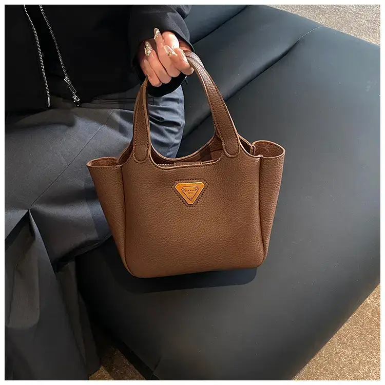 Brown Crossbody Tote Bag with Gold Plated Triangle Logo — feature 23