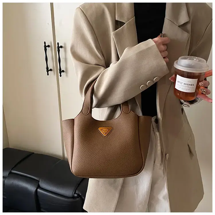 Brown Crossbody Tote Bag with Gold Plated Triangle Logo — feature 27