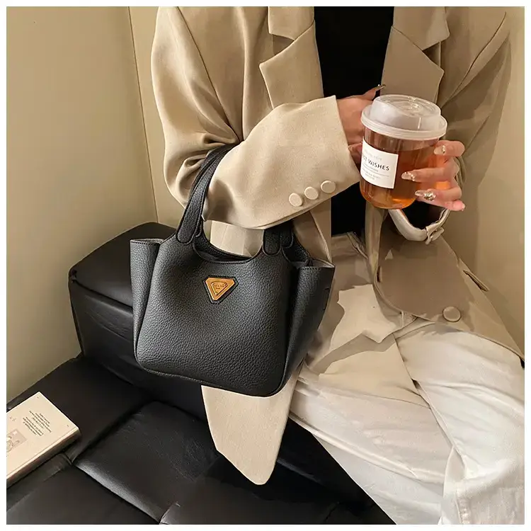 Brown Crossbody Tote Bag with Gold Plated Triangle Logo — feature 31