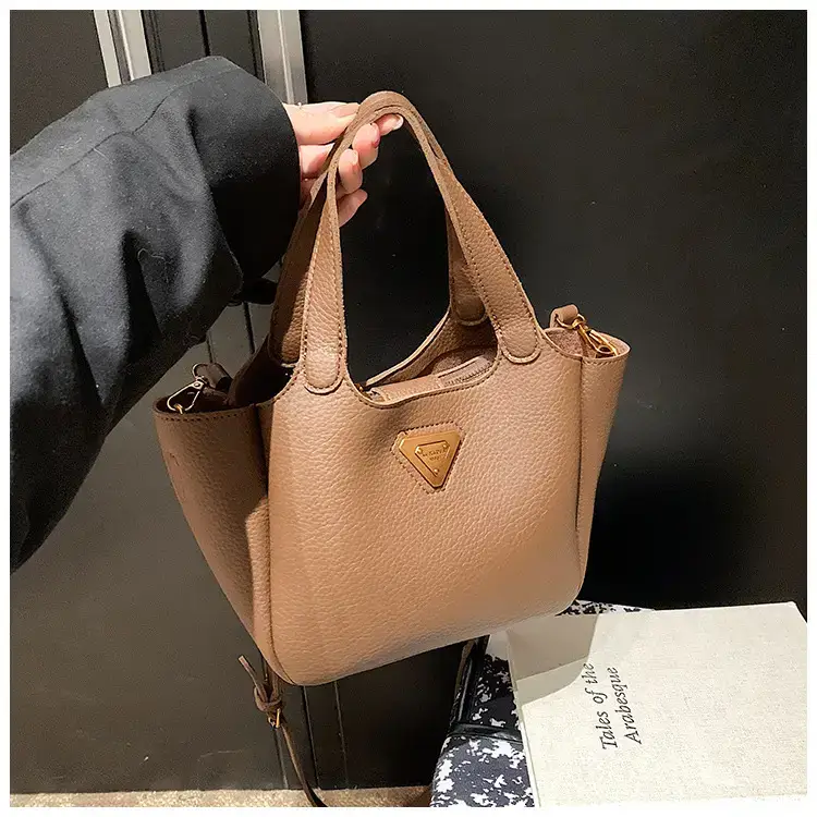 Brown Crossbody Tote Bag with Gold Plated Triangle Logo — feature 35