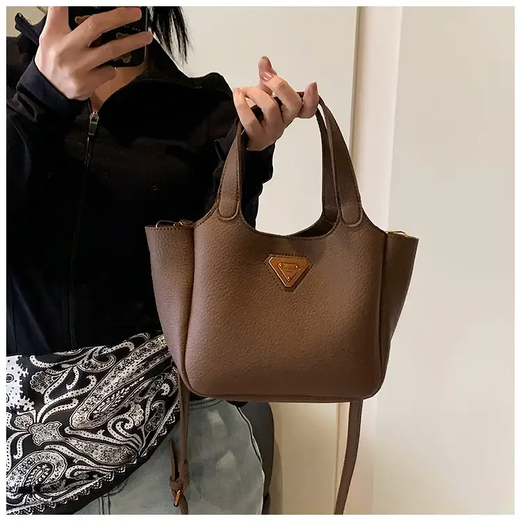 Brown Crossbody Tote Bag with Gold Plated Triangle Logo — feature 37