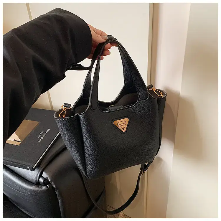 Brown Crossbody Tote Bag with Gold Plated Triangle Logo — feature 38