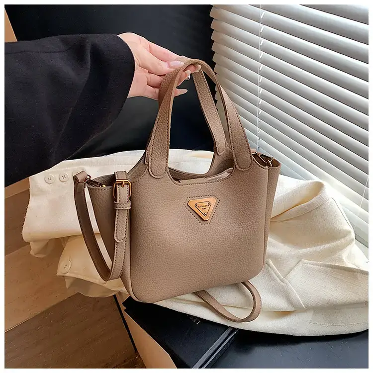 Brown Crossbody Tote Bag with Gold Plated Triangle Logo — feature 41