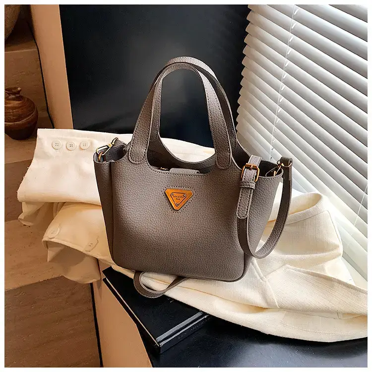 Brown Crossbody Tote Bag with Gold Plated Triangle Logo — feature 43