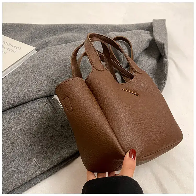 Brown Crossbody Tote Bag with Gold Plated Triangle Logo — feature 44