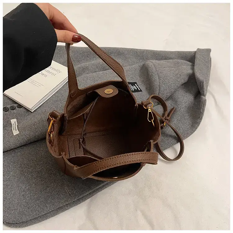 Brown Crossbody Tote Bag with Gold Plated Triangle Logo — feature 49