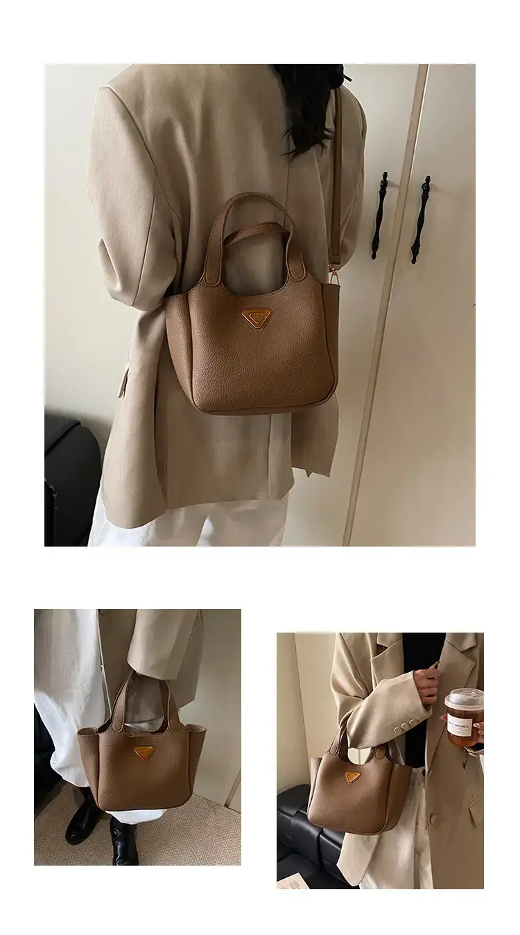 Brown Crossbody Tote Bag with Gold Plated Triangle Logo — feature 5