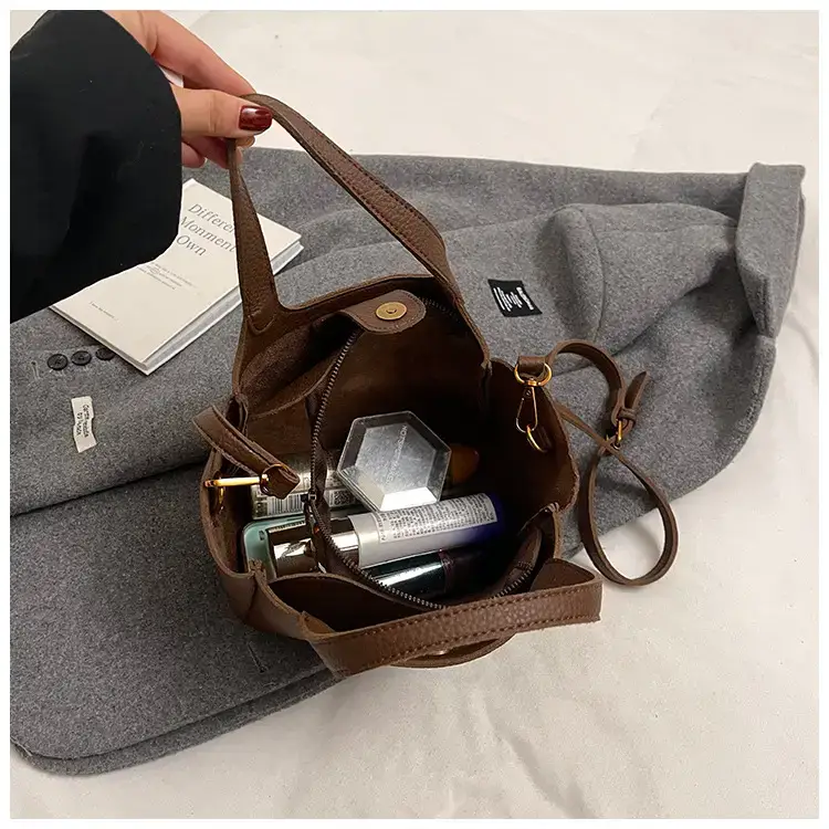 Brown Crossbody Tote Bag with Gold Plated Triangle Logo — feature 50