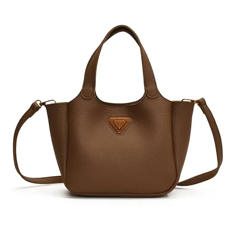Brown Crossbody Tote Bag with Gold Plated Triangle Logo