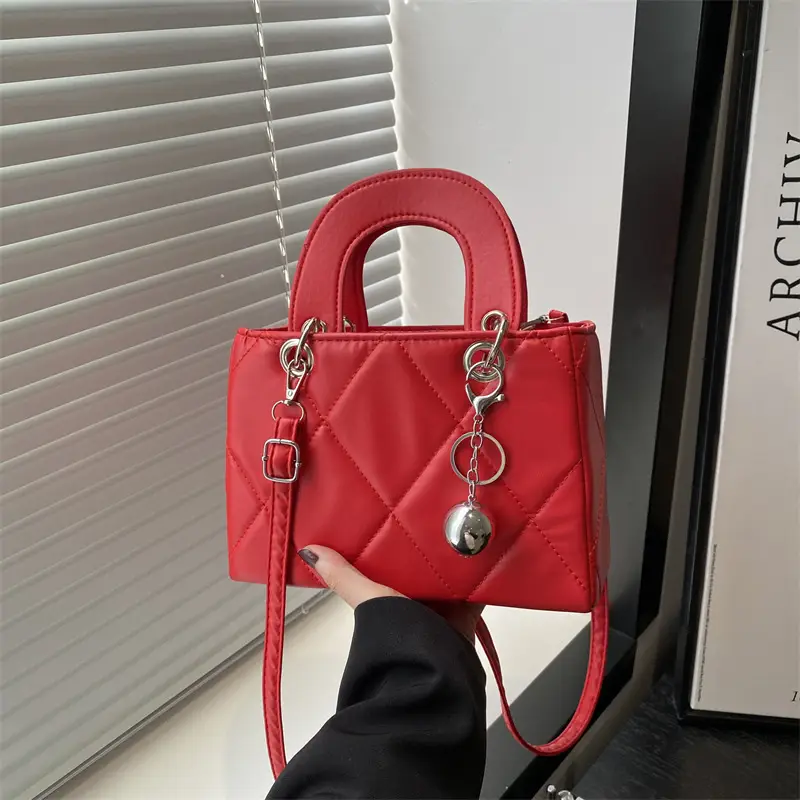Red Quilted Shoulder Bag with Chain Detail