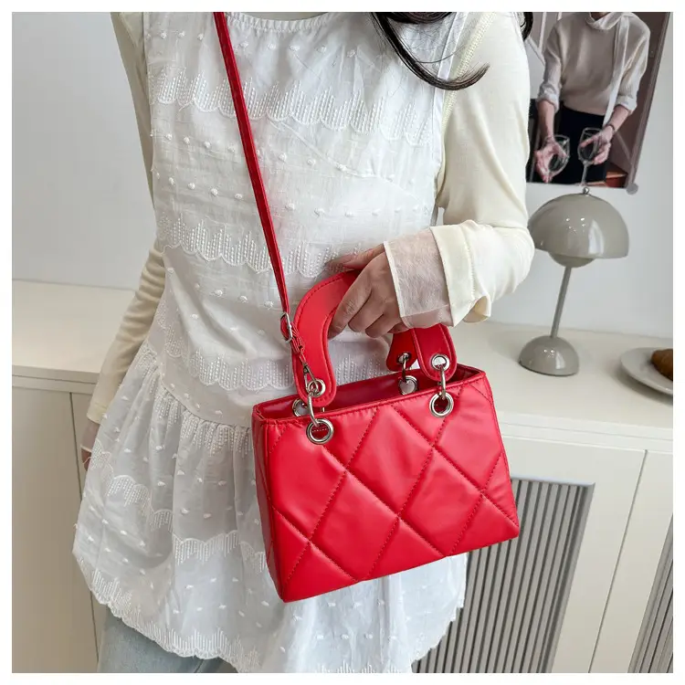 Red Quilted Shoulder Bag with Chain Detail — feature 9