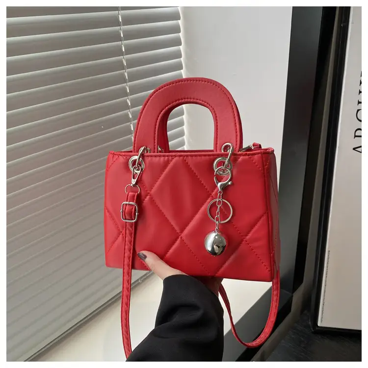 Red Quilted Shoulder Bag with Chain Detail
