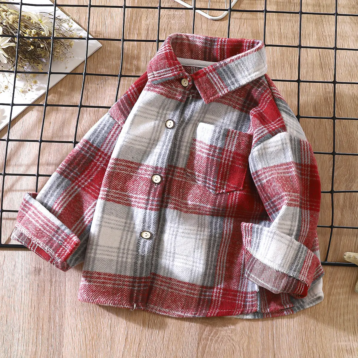 Boys Plaid Long Sleeve Shirt Pink Retro Kids - Image 9