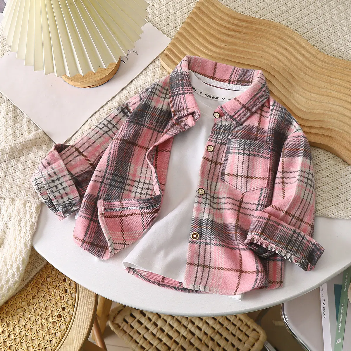 Boys Plaid Long Sleeve Shirt Pink Retro Kids - Image 2