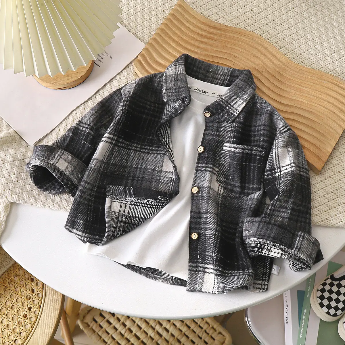 Boys Plaid Long Sleeve Shirt Pink Retro Kids - Image 3