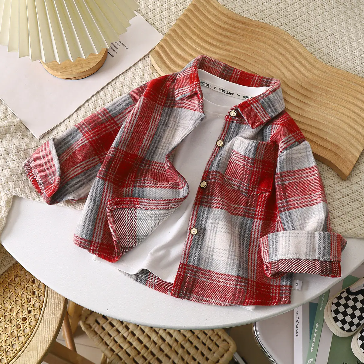 Boys Plaid Long Sleeve Shirt Pink Retro Kids - Image 4