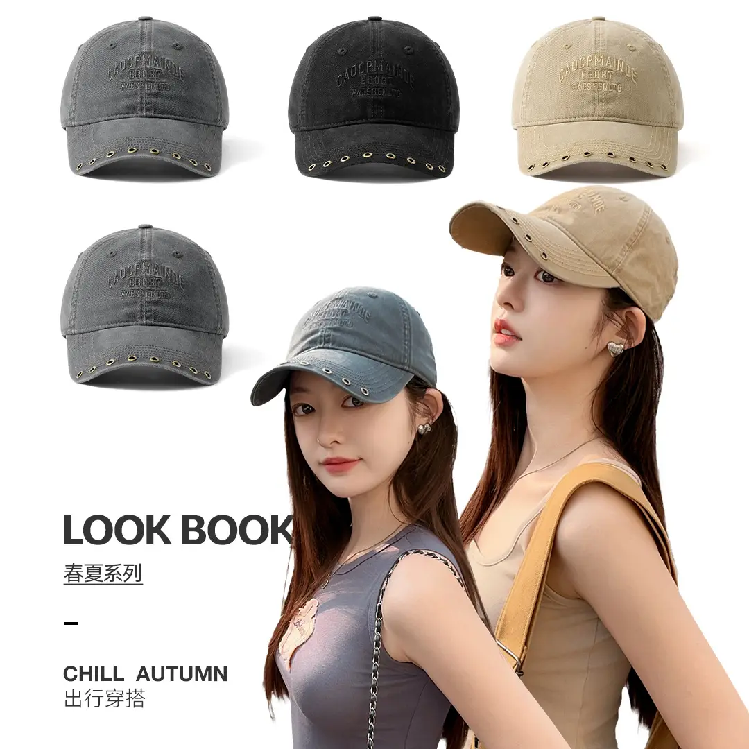 Women Black Letter Embroidered Cap with Rivet Wide Brim - Image 2